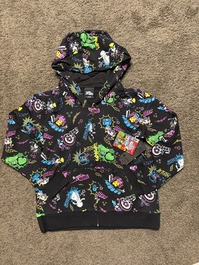 tokidoki Black Hoodie with Neon Green, Pink, Blue & Yellow Comic Icons